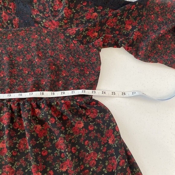 Torrid Dark Floral Print Chiffon Lace Inset Blouse Flare Sleeve Ruffle Tie Neck - Picture 14 of 16